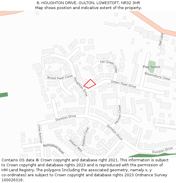 8, HOUGHTON DRIVE, OULTON, LOWESTOFT, NR32 3HR: Location map and indicative extent of plot