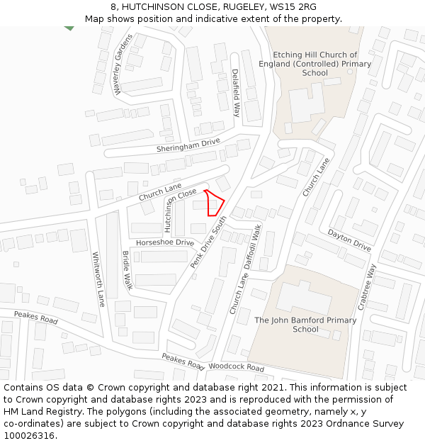 8, HUTCHINSON CLOSE, RUGELEY, WS15 2RG: Location map and indicative extent of plot