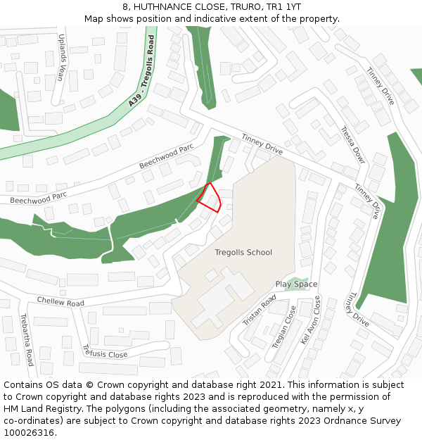 8, HUTHNANCE CLOSE, TRURO, TR1 1YT: Location map and indicative extent of plot