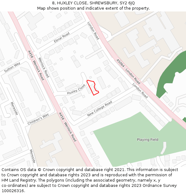 8, HUXLEY CLOSE, SHREWSBURY, SY2 6JQ: Location map and indicative extent of plot