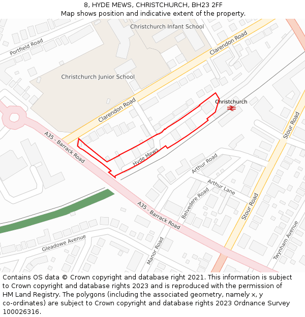 8, HYDE MEWS, CHRISTCHURCH, BH23 2FF: Location map and indicative extent of plot