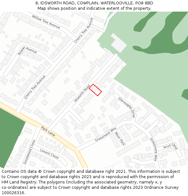 8, IDSWORTH ROAD, COWPLAIN, WATERLOOVILLE, PO8 8BD: Location map and indicative extent of plot