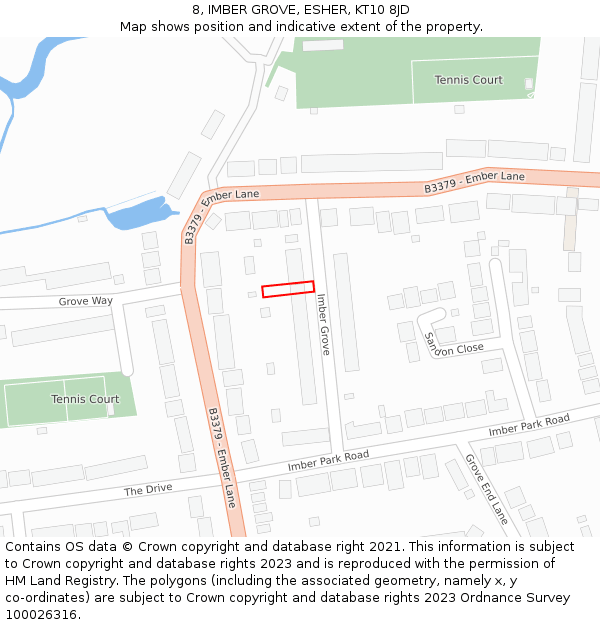 8, IMBER GROVE, ESHER, KT10 8JD: Location map and indicative extent of plot