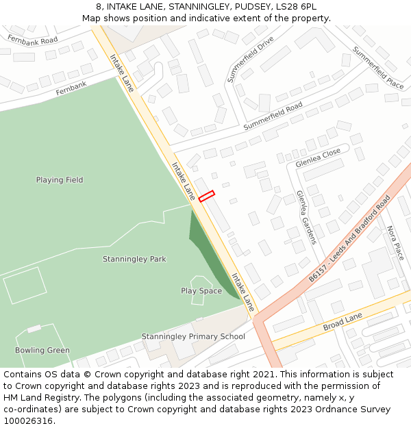 8, INTAKE LANE, STANNINGLEY, PUDSEY, LS28 6PL: Location map and indicative extent of plot