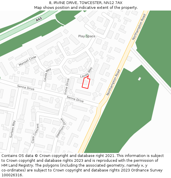 8, IRVINE DRIVE, TOWCESTER, NN12 7AX: Location map and indicative extent of plot