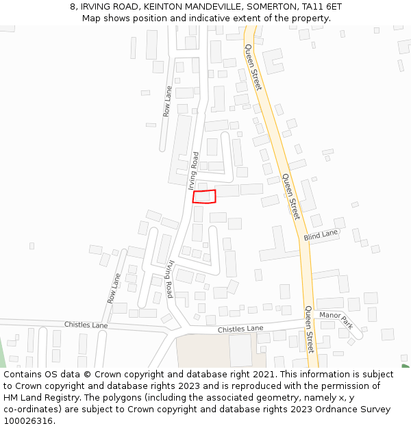 8, IRVING ROAD, KEINTON MANDEVILLE, SOMERTON, TA11 6ET: Location map and indicative extent of plot