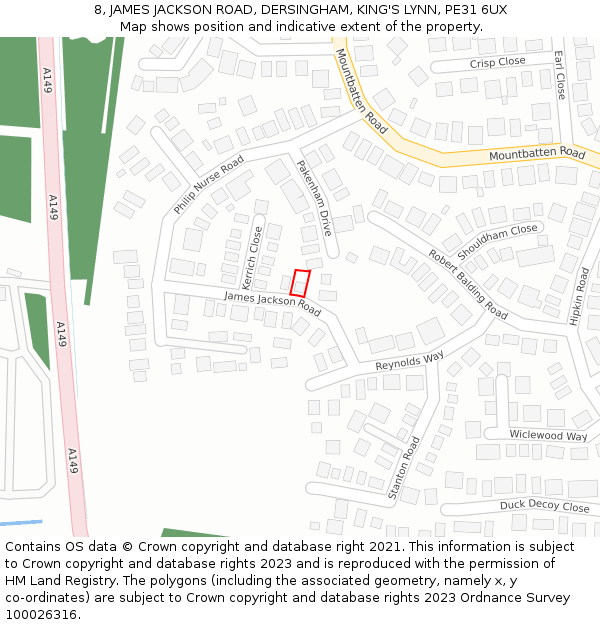 8, JAMES JACKSON ROAD, DERSINGHAM, KING'S LYNN, PE31 6UX: Location map and indicative extent of plot