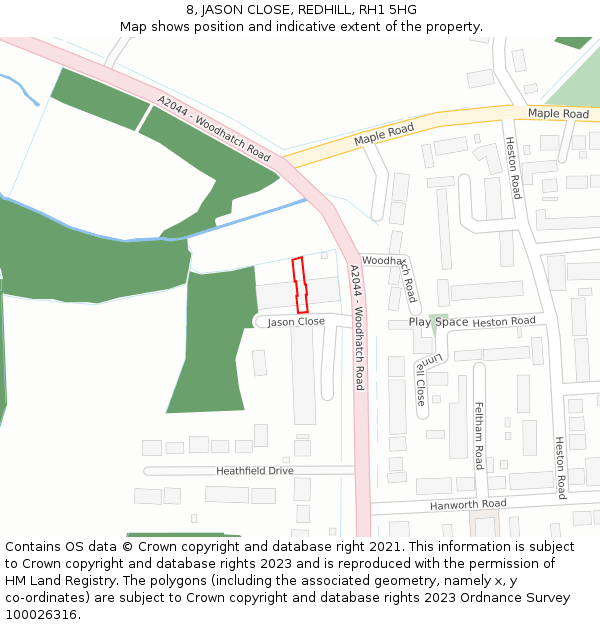 8, JASON CLOSE, REDHILL, RH1 5HG: Location map and indicative extent of plot
