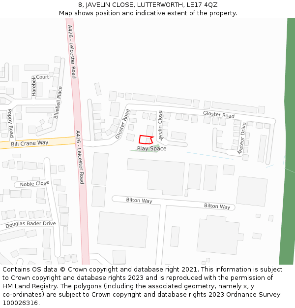 8, JAVELIN CLOSE, LUTTERWORTH, LE17 4QZ: Location map and indicative extent of plot