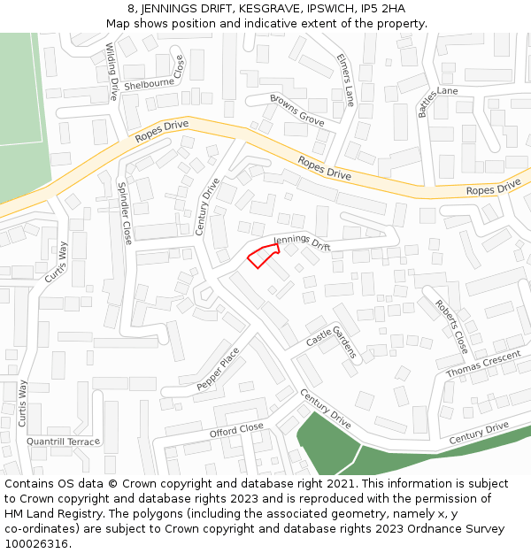 8, JENNINGS DRIFT, KESGRAVE, IPSWICH, IP5 2HA: Location map and indicative extent of plot