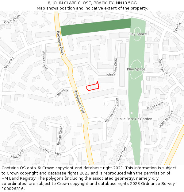 8, JOHN CLARE CLOSE, BRACKLEY, NN13 5GG: Location map and indicative extent of plot