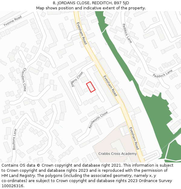 8, JORDANS CLOSE, REDDITCH, B97 5JD: Location map and indicative extent of plot