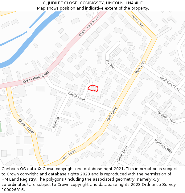 8, JUBILEE CLOSE, CONINGSBY, LINCOLN, LN4 4HE: Location map and indicative extent of plot