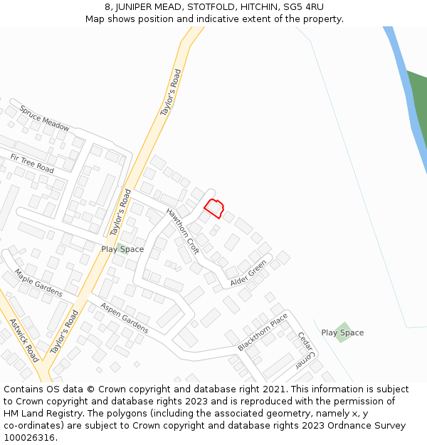 8, JUNIPER MEAD, STOTFOLD, HITCHIN, SG5 4RU: Location map and indicative extent of plot