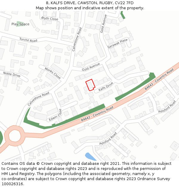8, KALFS DRIVE, CAWSTON, RUGBY, CV22 7FD: Location map and indicative extent of plot