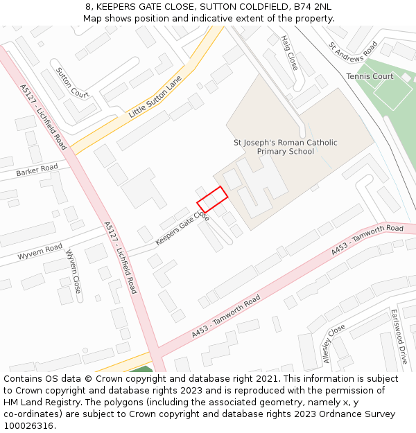 8, KEEPERS GATE CLOSE, SUTTON COLDFIELD, B74 2NL: Location map and indicative extent of plot