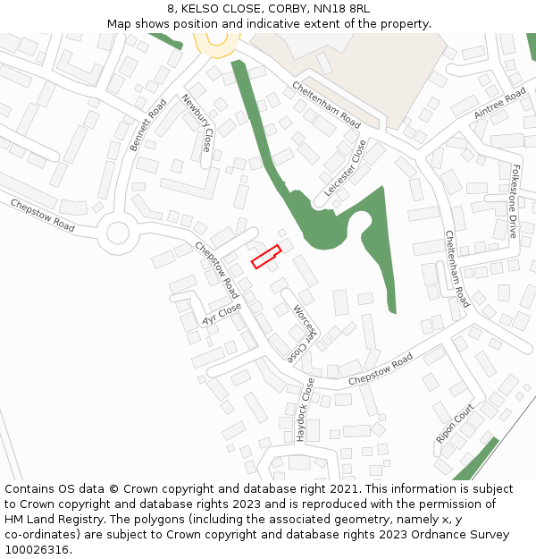 8, KELSO CLOSE, CORBY, NN18 8RL: Location map and indicative extent of plot