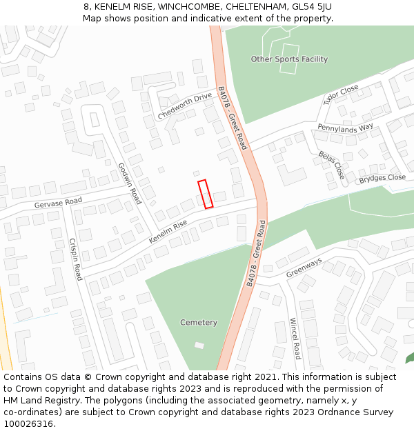 8, KENELM RISE, WINCHCOMBE, CHELTENHAM, GL54 5JU: Location map and indicative extent of plot