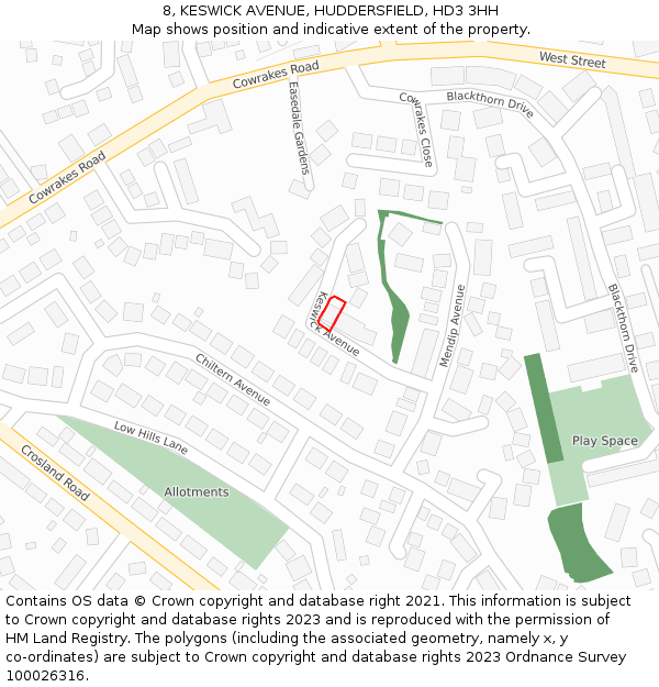 8, KESWICK AVENUE, HUDDERSFIELD, HD3 3HH: Location map and indicative extent of plot