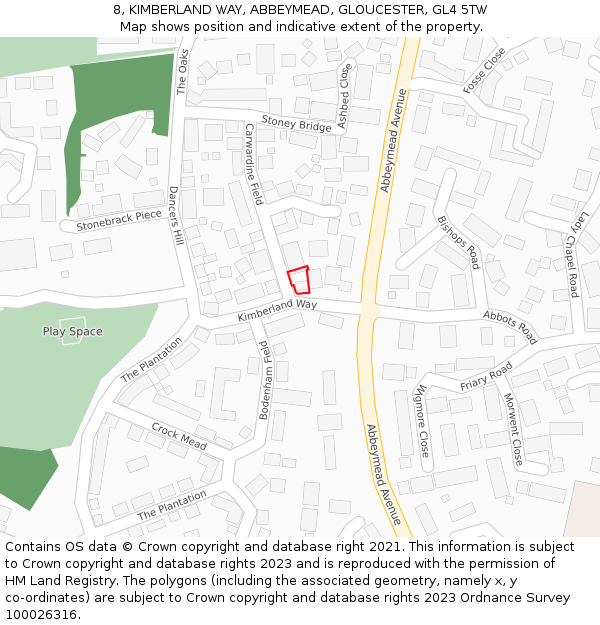 8, KIMBERLAND WAY, ABBEYMEAD, GLOUCESTER, GL4 5TW: Location map and indicative extent of plot