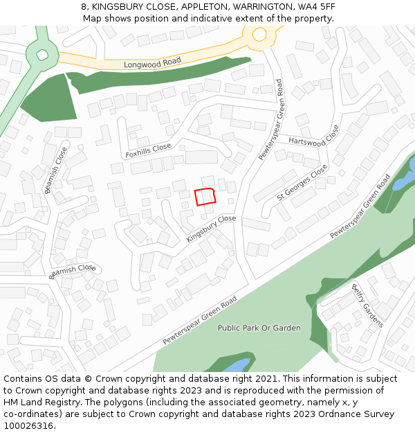 8, KINGSBURY CLOSE, APPLETON, WARRINGTON, WA4 5FF: Location map and indicative extent of plot