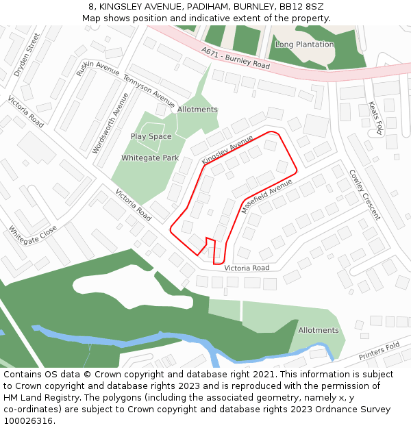 8, KINGSLEY AVENUE, PADIHAM, BURNLEY, BB12 8SZ: Location map and indicative extent of plot