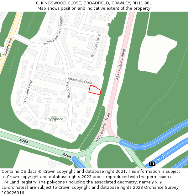 8, KINGSWOOD CLOSE, BROADFIELD, CRAWLEY, RH11 9RU: Location map and indicative extent of plot