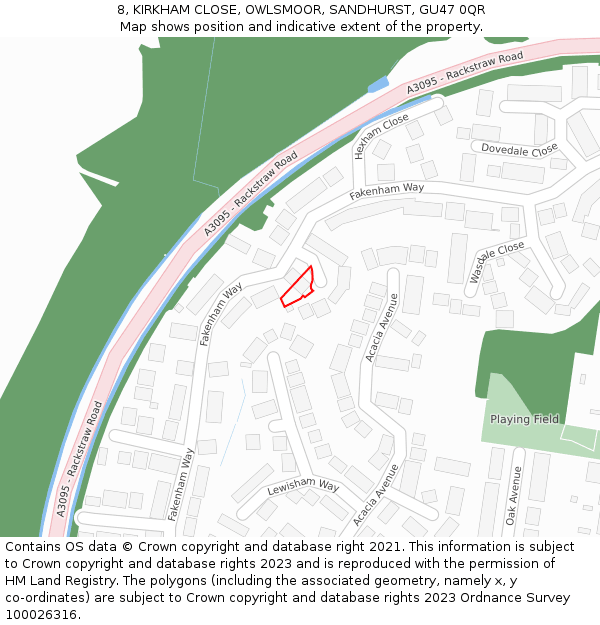 8, KIRKHAM CLOSE, OWLSMOOR, SANDHURST, GU47 0QR: Location map and indicative extent of plot