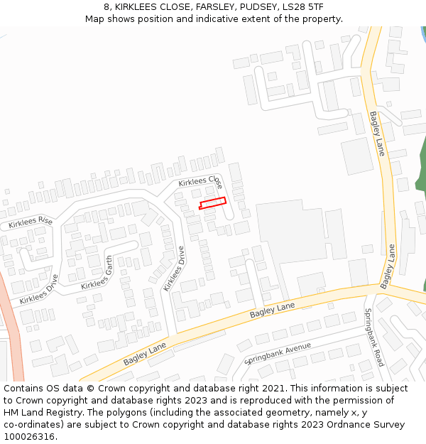 8, KIRKLEES CLOSE, FARSLEY, PUDSEY, LS28 5TF: Location map and indicative extent of plot