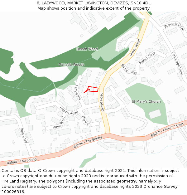 8, LADYWOOD, MARKET LAVINGTON, DEVIZES, SN10 4DL: Location map and indicative extent of plot