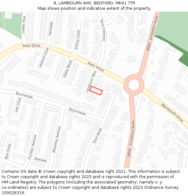 8, LAMBOURN WAY, BEDFORD, MK41 7TR: Location map and indicative extent of plot