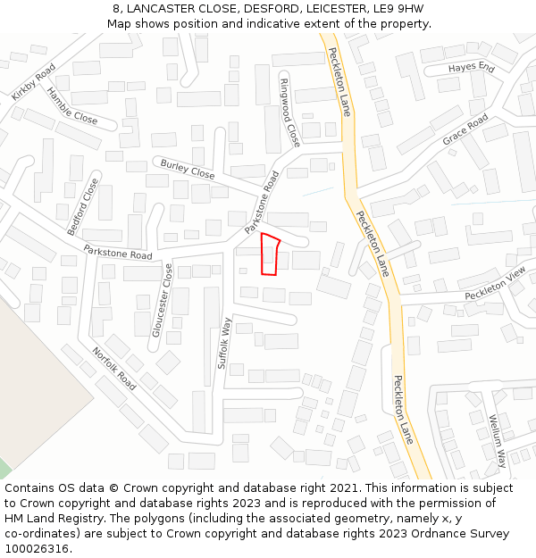 8, LANCASTER CLOSE, DESFORD, LEICESTER, LE9 9HW: Location map and indicative extent of plot