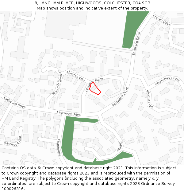 8, LANGHAM PLACE, HIGHWOODS, COLCHESTER, CO4 9GB: Location map and indicative extent of plot