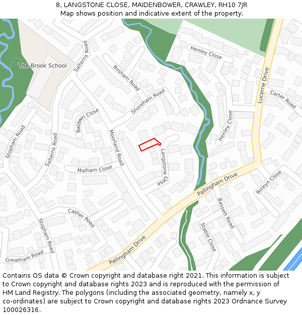 8, LANGSTONE CLOSE, MAIDENBOWER, CRAWLEY, RH10 7JR: Location map and indicative extent of plot