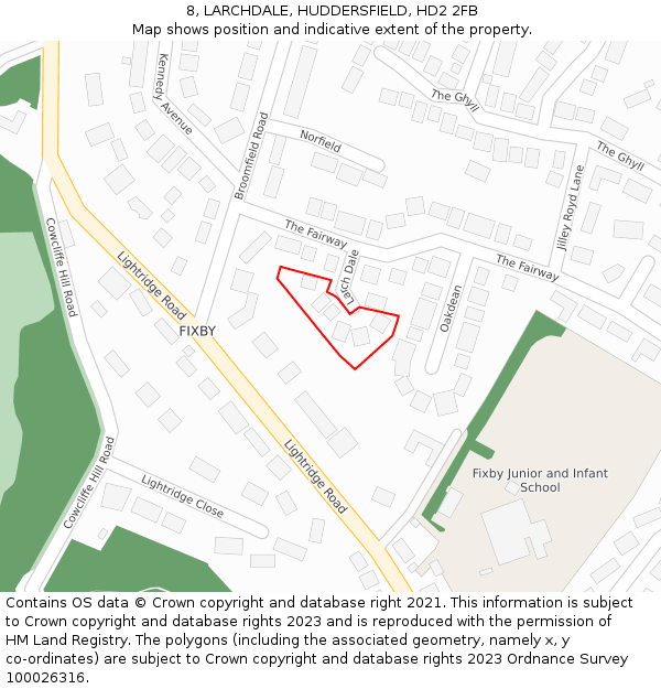 8, LARCHDALE, HUDDERSFIELD, HD2 2FB: Location map and indicative extent of plot