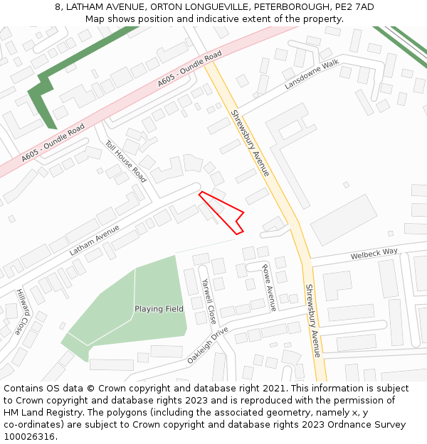8, LATHAM AVENUE, ORTON LONGUEVILLE, PETERBOROUGH, PE2 7AD: Location map and indicative extent of plot