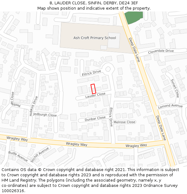 8, LAUDER CLOSE, SINFIN, DERBY, DE24 3EF: Location map and indicative extent of plot