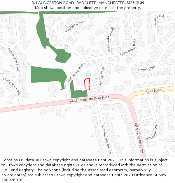 8, LAUNCESTON ROAD, RADCLIFFE, MANCHESTER, M26 3UN: Location map and indicative extent of plot