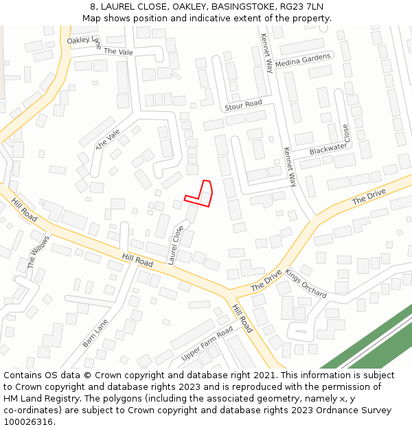 8, LAUREL CLOSE, OAKLEY, BASINGSTOKE, RG23 7LN: Location map and indicative extent of plot