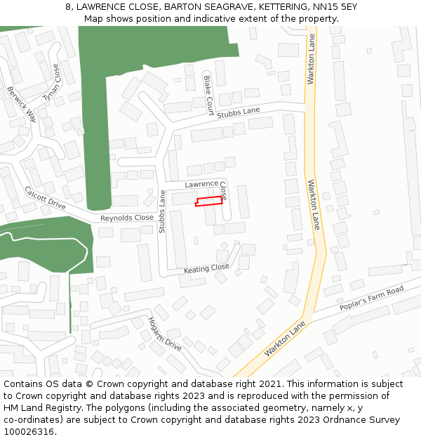 8, LAWRENCE CLOSE, BARTON SEAGRAVE, KETTERING, NN15 5EY: Location map and indicative extent of plot