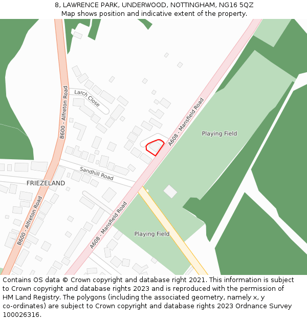 8, LAWRENCE PARK, UNDERWOOD, NOTTINGHAM, NG16 5QZ: Location map and indicative extent of plot