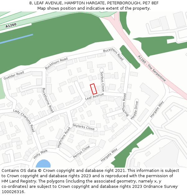 8, LEAF AVENUE, HAMPTON HARGATE, PETERBOROUGH, PE7 8EF: Location map and indicative extent of plot