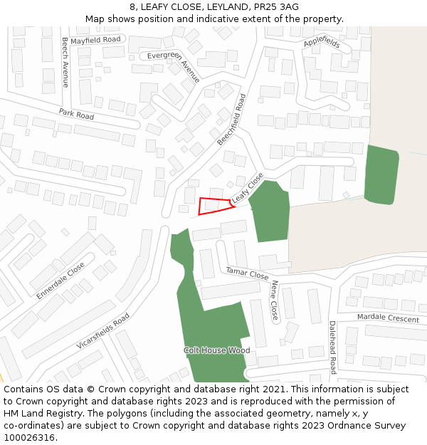 8, LEAFY CLOSE, LEYLAND, PR25 3AG: Location map and indicative extent of plot