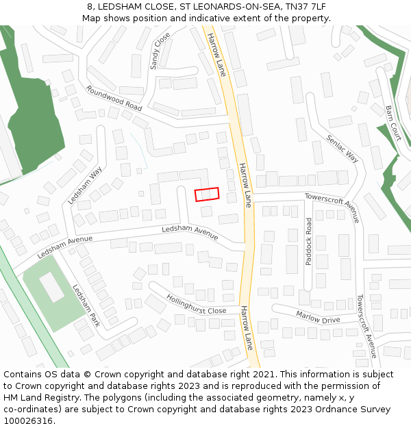 8, LEDSHAM CLOSE, ST LEONARDS-ON-SEA, TN37 7LF: Location map and indicative extent of plot