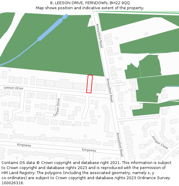 8, LEESON DRIVE, FERNDOWN, BH22 9QQ: Location map and indicative extent of plot