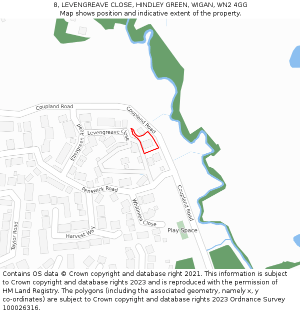 8, LEVENGREAVE CLOSE, HINDLEY GREEN, WIGAN, WN2 4GG: Location map and indicative extent of plot