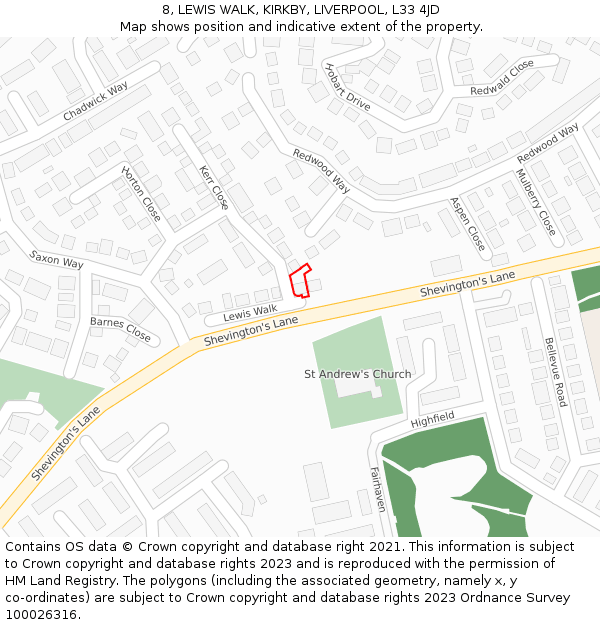 8, LEWIS WALK, KIRKBY, LIVERPOOL, L33 4JD: Location map and indicative extent of plot
