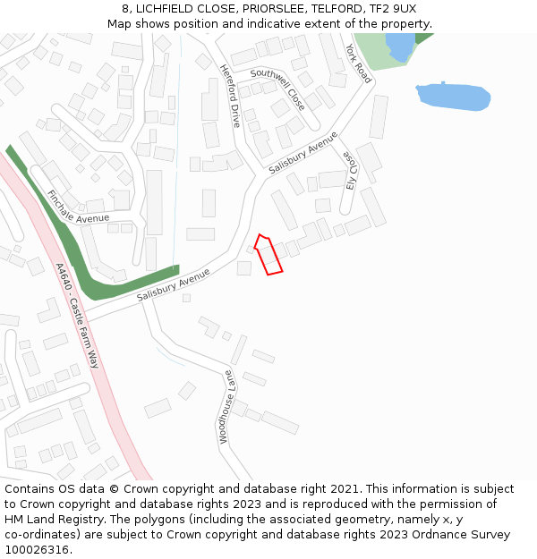 8, LICHFIELD CLOSE, PRIORSLEE, TELFORD, TF2 9UX: Location map and indicative extent of plot