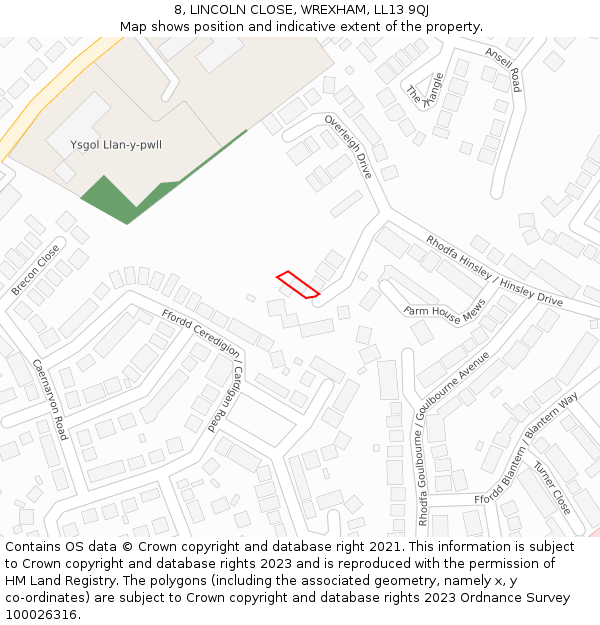 8, LINCOLN CLOSE, WREXHAM, LL13 9QJ: Location map and indicative extent of plot