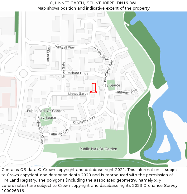 8, LINNET GARTH, SCUNTHORPE, DN16 3WL: Location map and indicative extent of plot